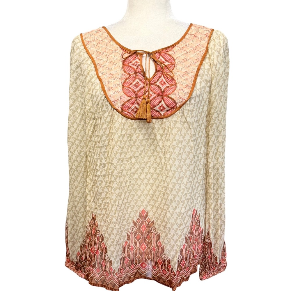 Womens M Tunic Top Peasant Blouse Cream Boho‎ Tassel Tie Geometric Sheer Hippie